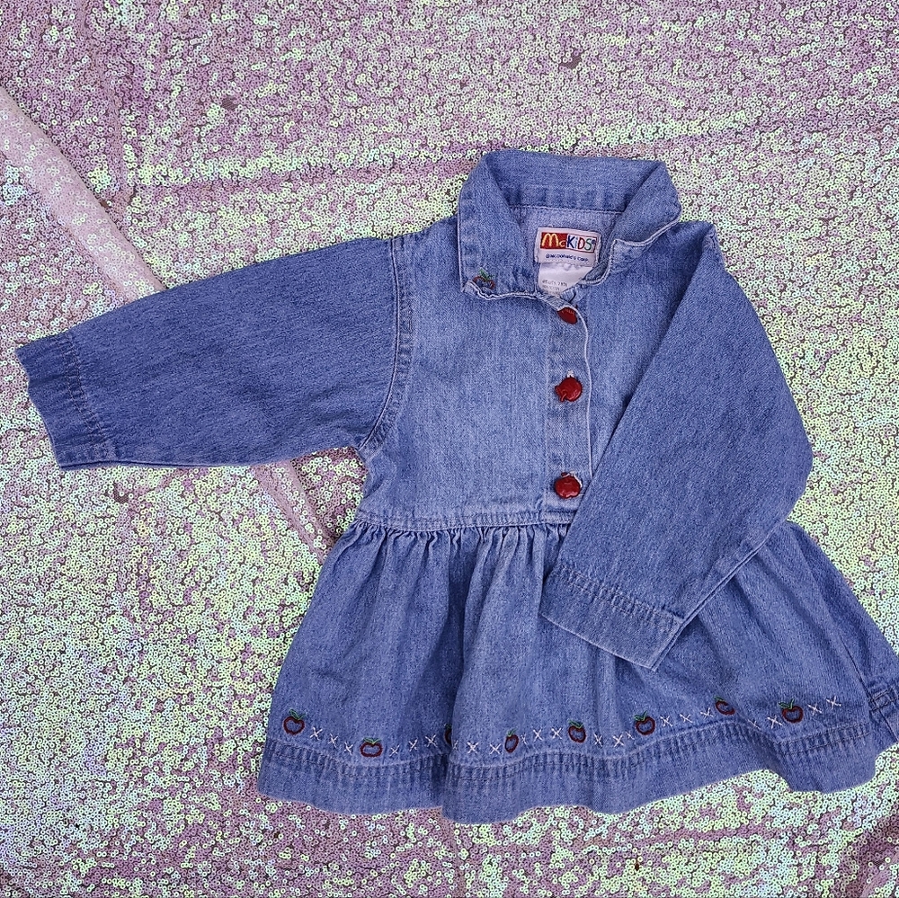 McDonald's Kids Girls Vintage Blue Denim Apple Button Dress 12 Months